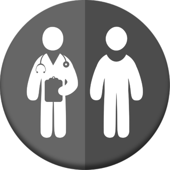 Restroom sign showing a medical worker and a person, split by a vertical line on a gray circle.