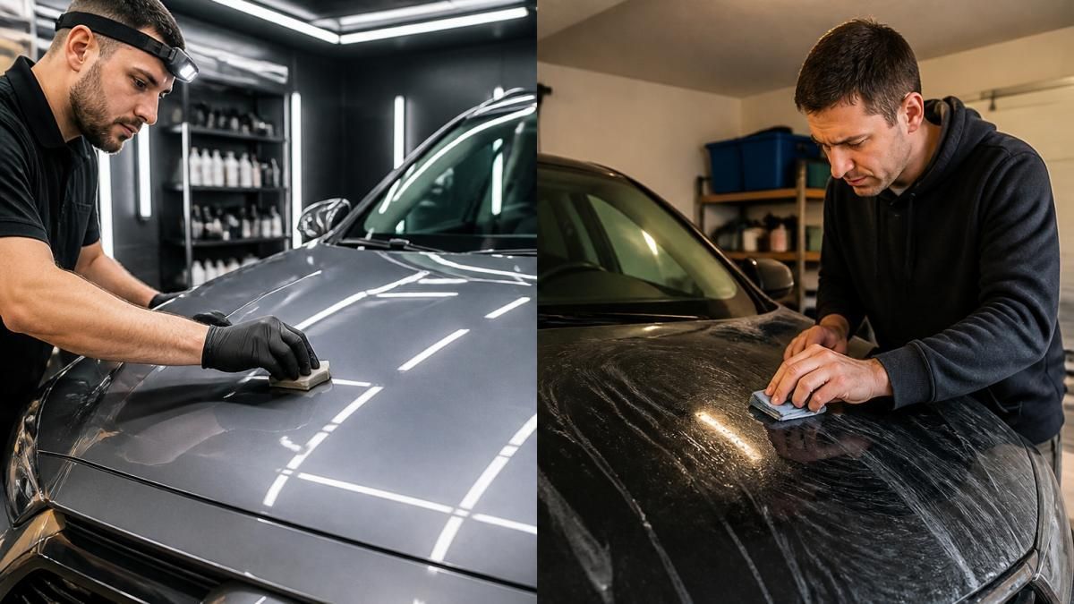 Professional detailer carefully applying ceramic coating to a midsize SUV's hood with precision applicator pad, wearing protective gloves in a climate-controlled shop with bright LED lighting