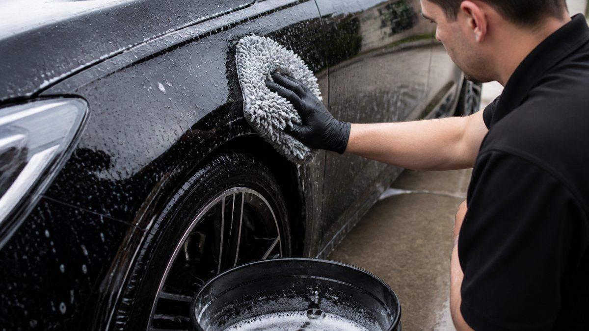 Person gently cleaning a car panel covered with paint protection film using a soft microfiber wash mitt
