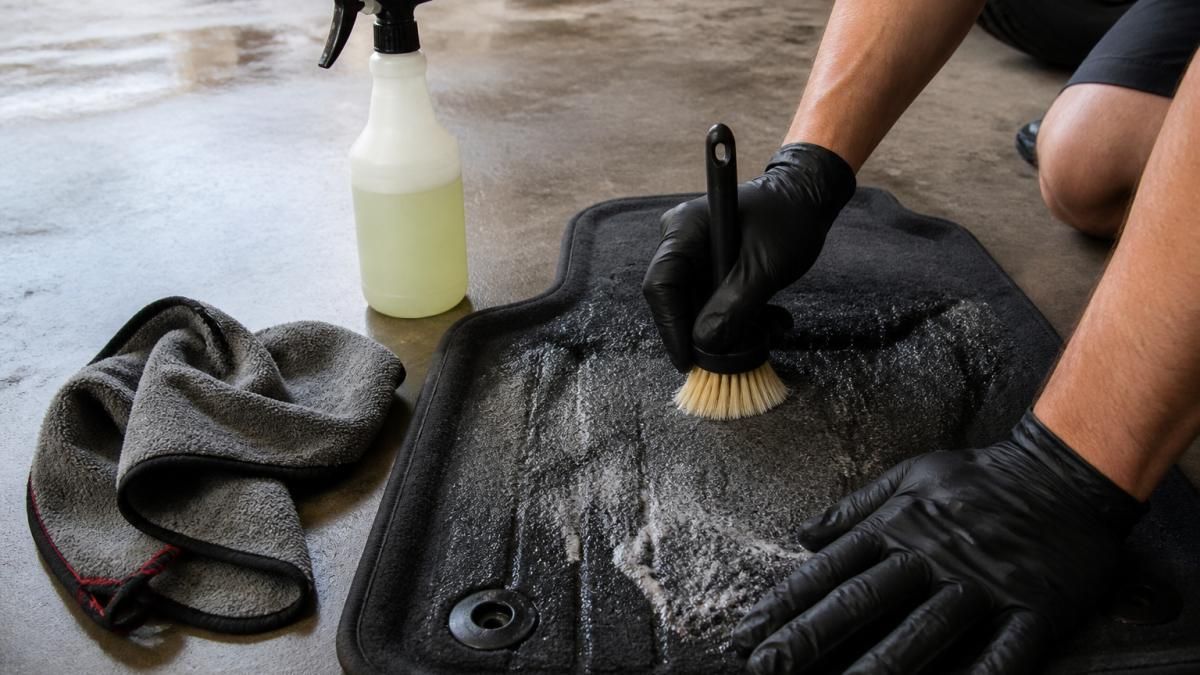 Detailing brush agitating car floor mats to remove deep stains from SUV interior with cleaner and towel nearby