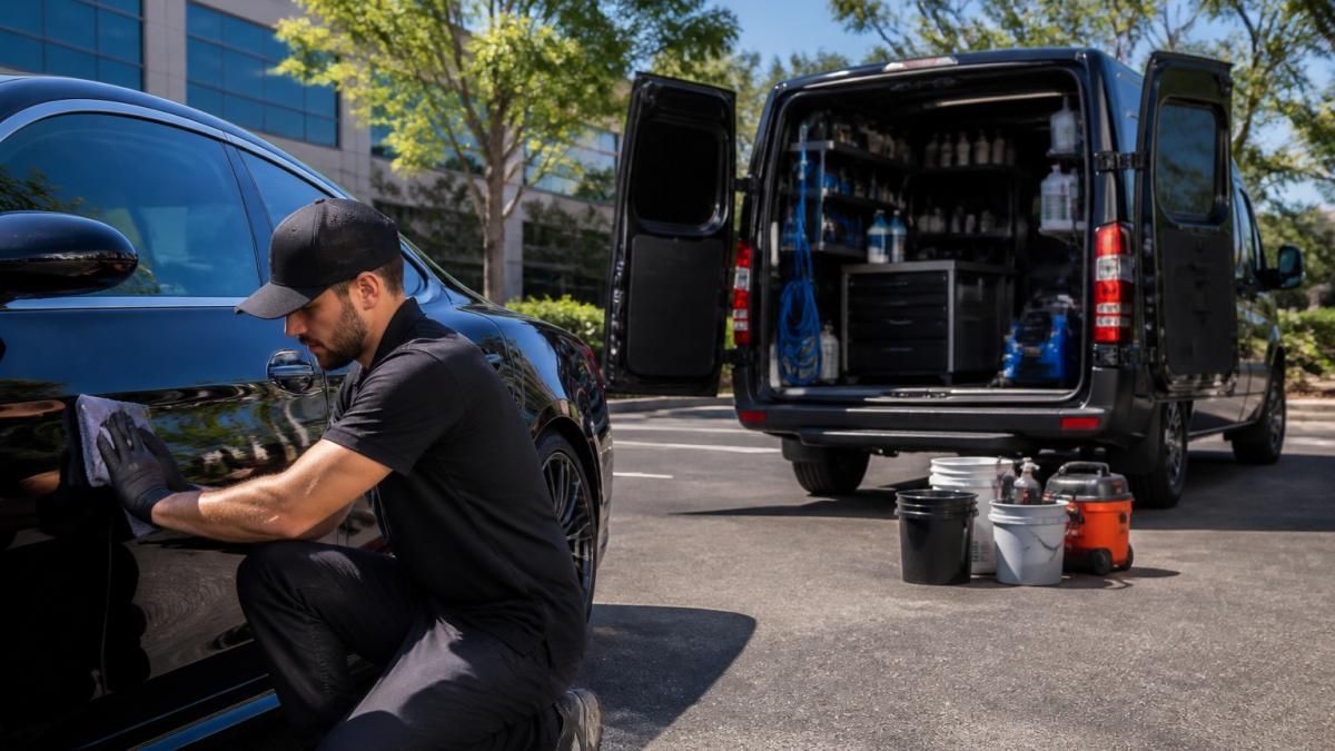 Professional detailer performing mobile car detailing on a vehicle in an office parking lot during the day