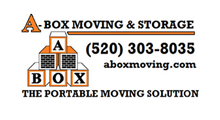A-Box Moving & Storage logo with stacked boxes, phone number, website, and tagline &ldquo;The Portable Moving Solution&rdquo;