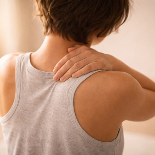 Person holding their neck and shoulder, wearing a white tank top, suggesting muscle pain