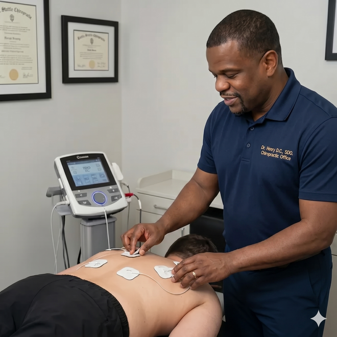 Doctor placing electrode pads on a patient’s back during treatment in a clinic room