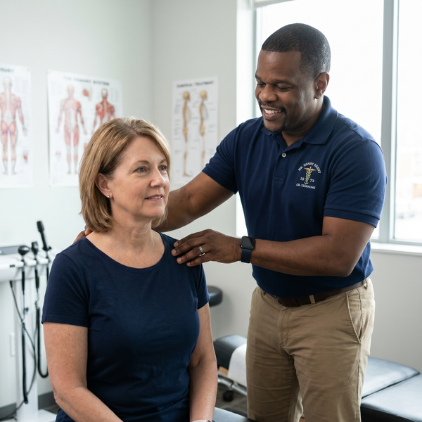 Physical therapist examining a seated patient in a bright clinic office