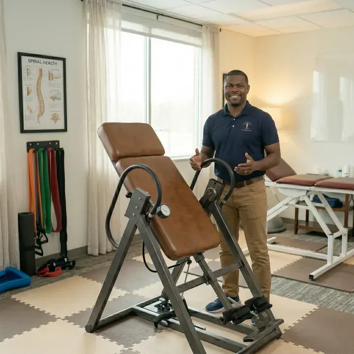 Man demonstrating an inverted back extension machine in a bright physical therapy room