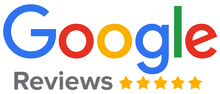 Google Reviews logo with multicolored Google text, gray “Reviews,” and five gold stars