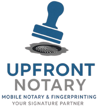 Blue notary stamp logo over fingerprint with Upfront Notary text and mobile notary/fingerprinting tagline