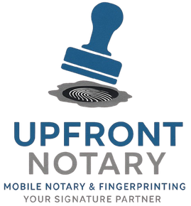 Blue notary stamp logo over fingerprint with Upfront Notary text and mobile notary/fingerprinting tagline