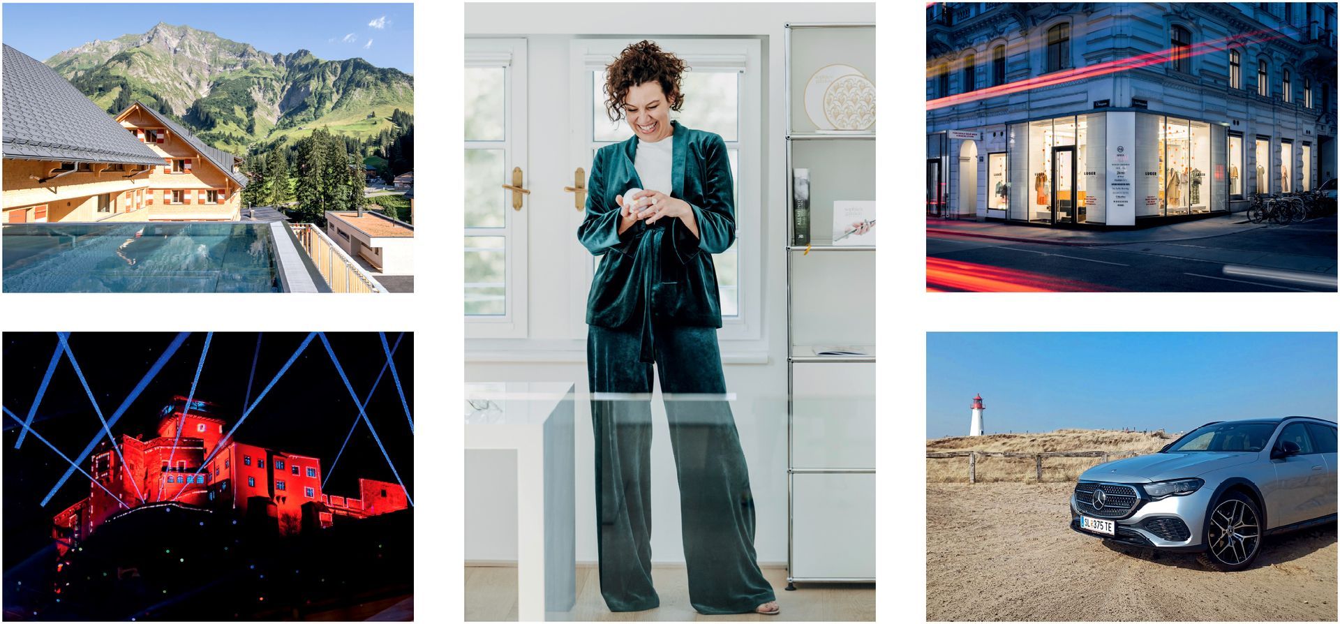 Collage mit sechs Motiven: Schmuck, Yoga, Porträt, Technik, Reise, Gruppe.