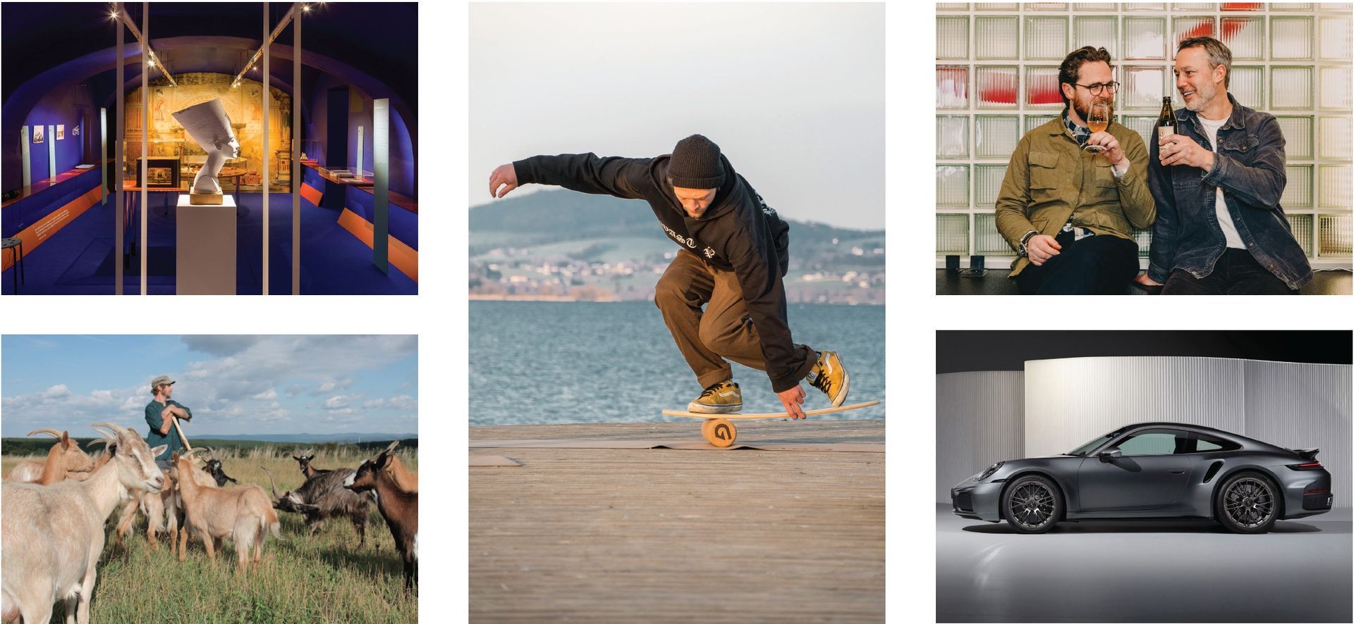 Collage mit sechs Motiven: Schmuck, Yoga, Porträt, Technik, Reise, Gruppe.