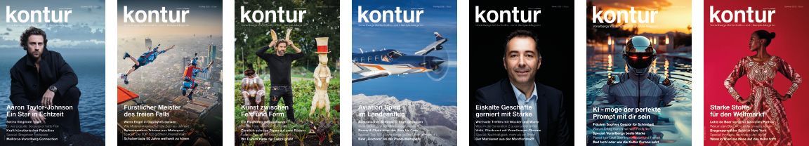 Übersichtsgrafik mit sieben Titelseiten des kontur Magazins.