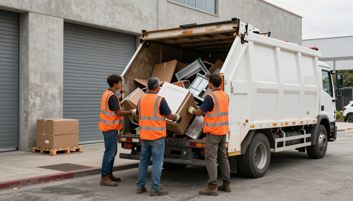 Workers in orange vests unload trash from a garbage truck at a warehouse loading area