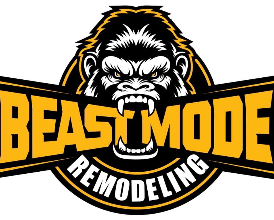 Logo for Beast Mode Remodeling with a gorilla head, yellow and black text on a circular design.