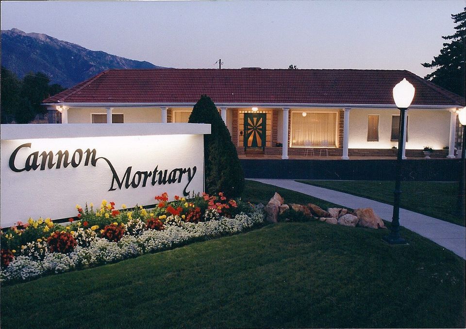 Cannon Mortuary funeral home exterior at dusk in Cottonwood Heights, Utah, serving families across t