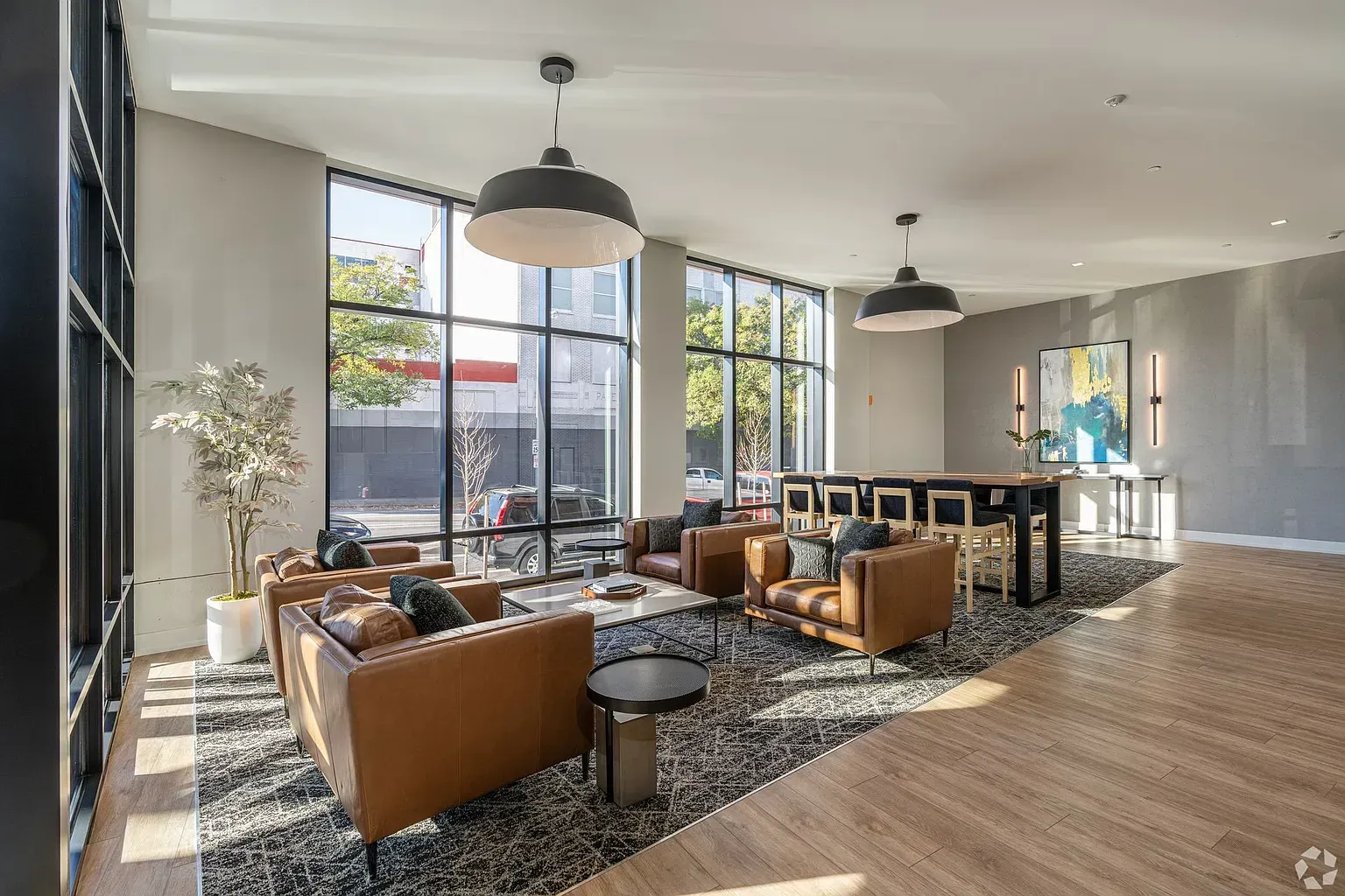 Photo of a community lobby with plenty of areas to sit