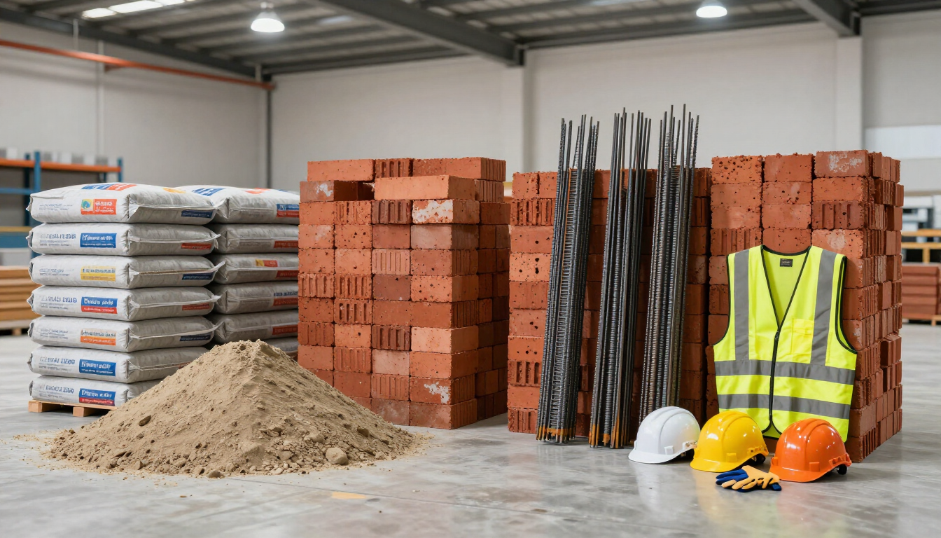 Materiales de construcción apilados en un almacén: arena, ladrillos, chalecos de seguridad, cascos y varillas de metal.