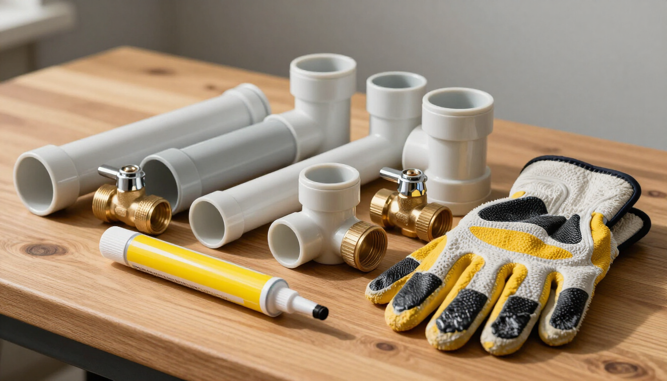 Accesorios de fontanería, tuberías de PVC y un cúter amarillo sobre un banco de trabajo de madera con guantes de trabajo.
