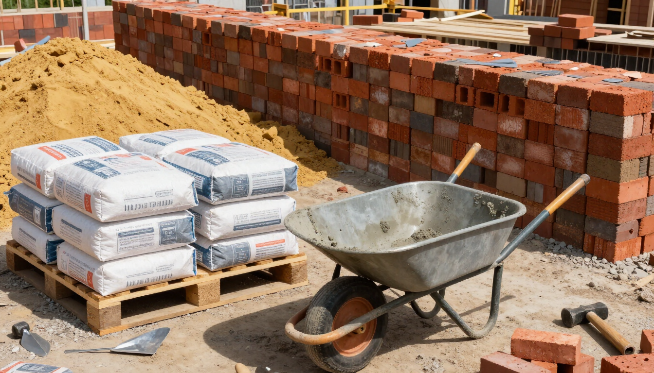 Obra en construcción con sacos de cemento apilados, carretilla y muro de ladrillos parcialmente construido.