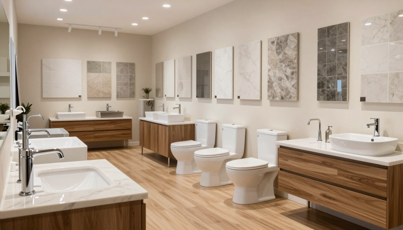 Amplia exposición de baños modernos con múltiples lavabos, inodoros y tocadores de madera sobre suelo de baldosas claras.
