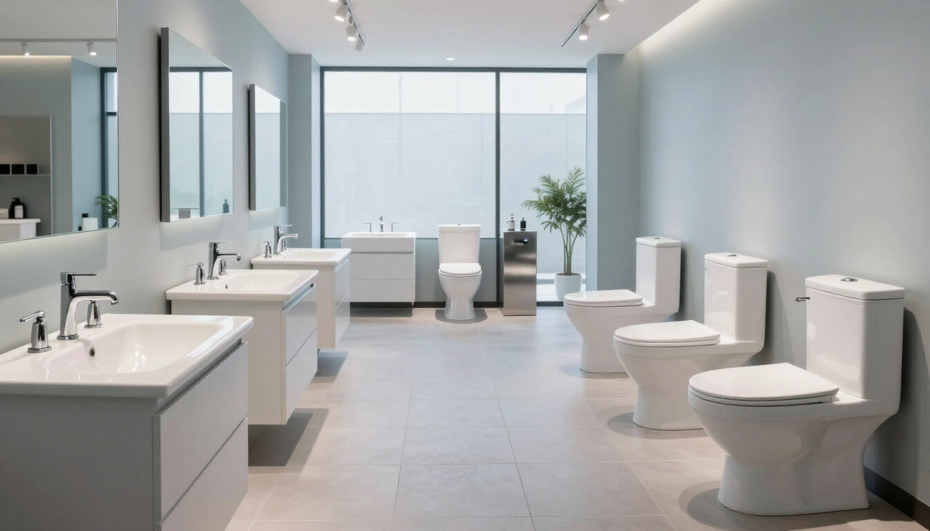 Baño público moderno con lavabos e inodoros blancos y paredes de color gris claro, iluminado por grandes ventanales.