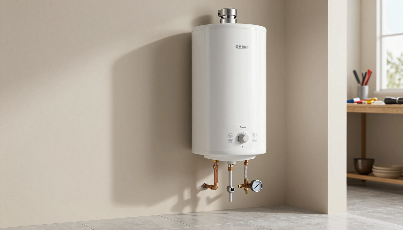 Calentador de agua blanco montado en la pared de una cocina, con tuberías y controles debajo.