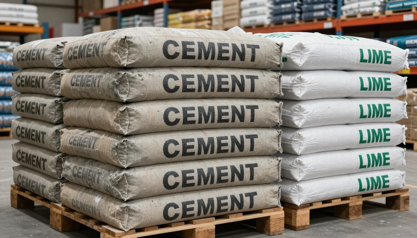 Sacos de cemento apilados sobre palés de madera en un almacén, con el texto verde 