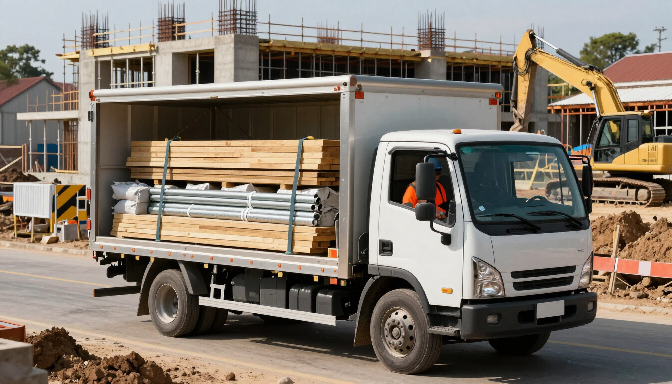Un camión blanco de plataforma cargado de madera pasa junto a una obra en construcción con excavadoras al fondo.