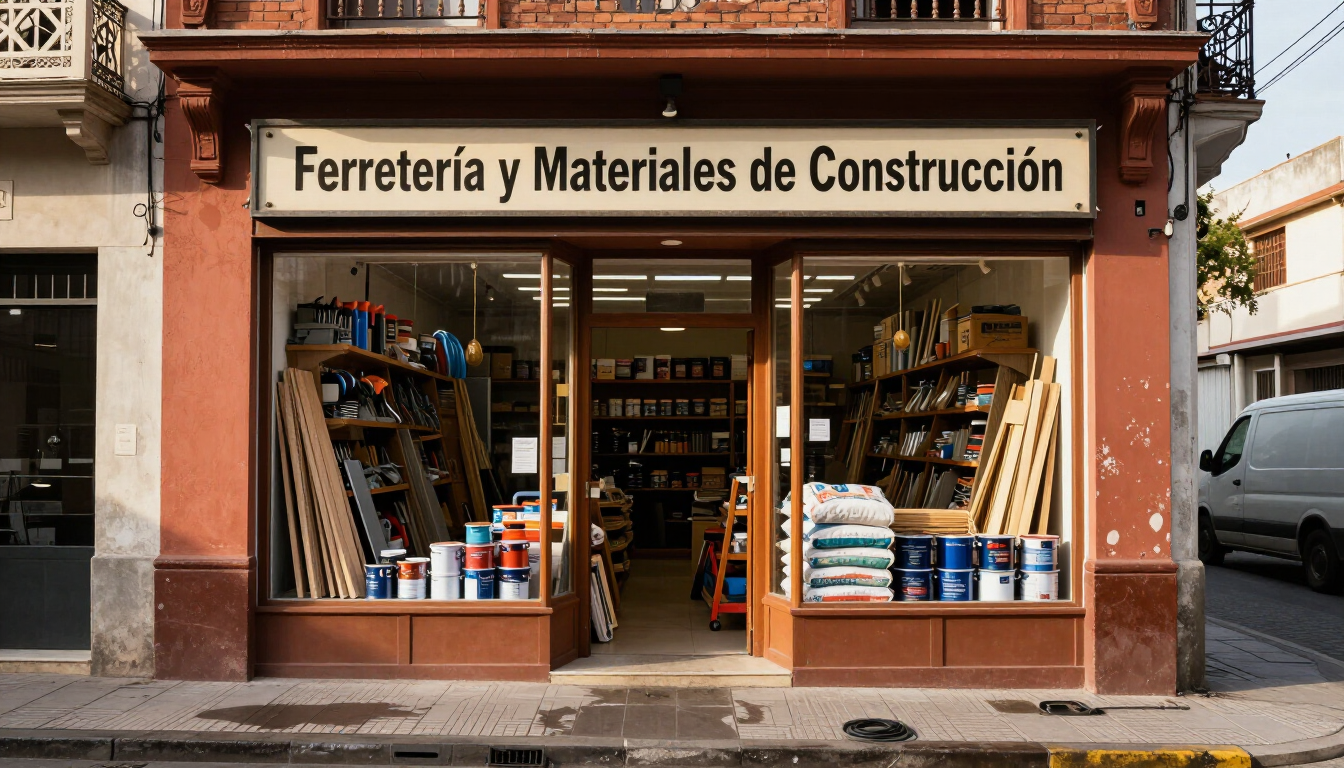 Ferretería y materiales de construcción storefront with shelves of tools and supplies on display