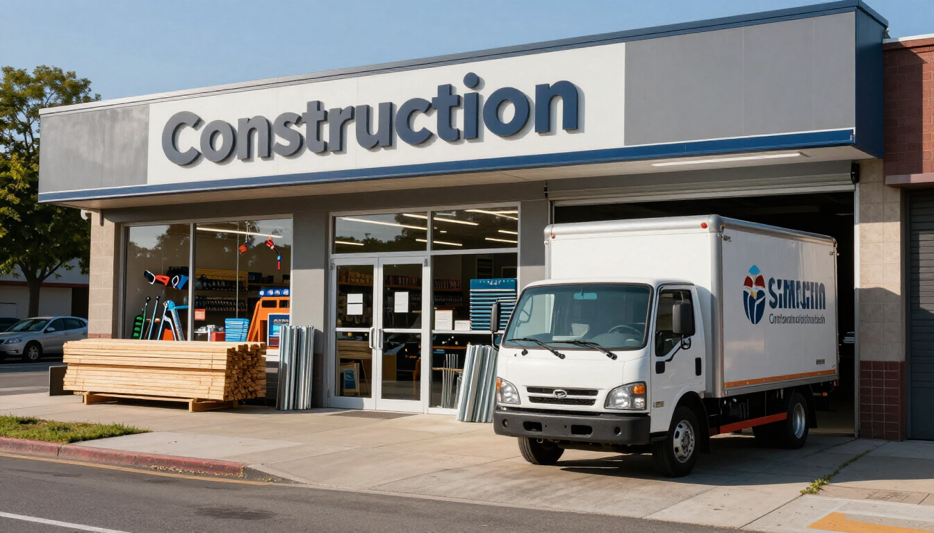Exterior de una tienda de materiales de construcción con un camión de reparto blanco estacionado junto a la entrada.