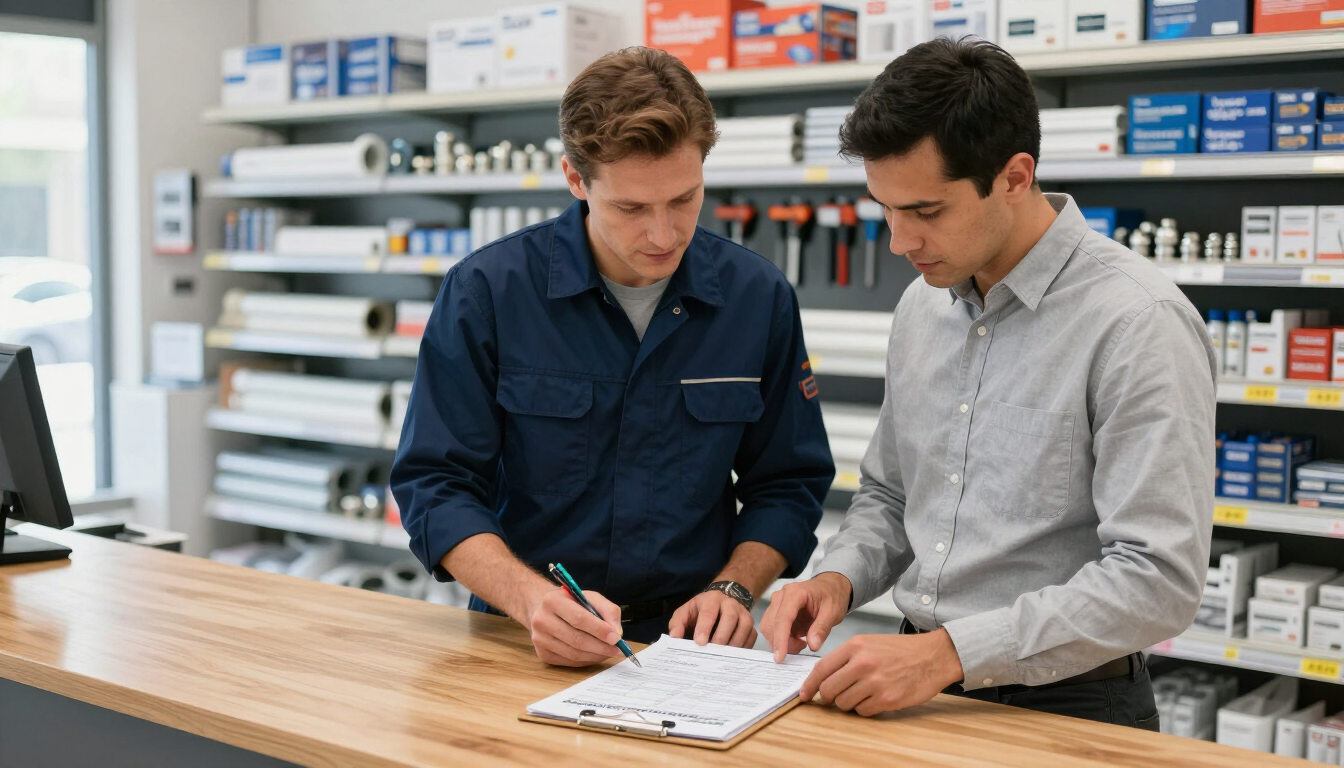 Dos hombres revisando documentos en el mostrador de una farmacia con estantes de medicamentos detrás.