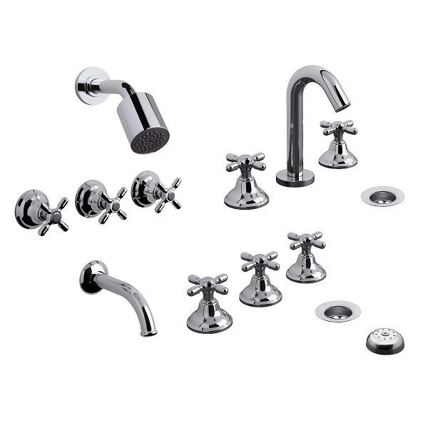 Conjunto de grifería y accesorios de ducha cromados para baño, con manijas en forma de cruz y tapas de desagüe.