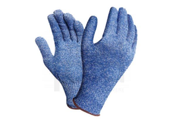 Un paio di guanti da lavoro in maglia blu su sfondo bianco.