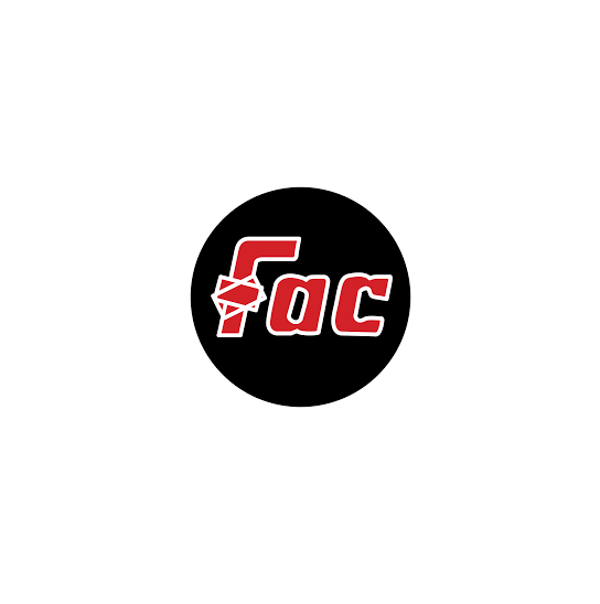 Logo FAC rosso in lettere stilizzate su sfondo circolare nero.