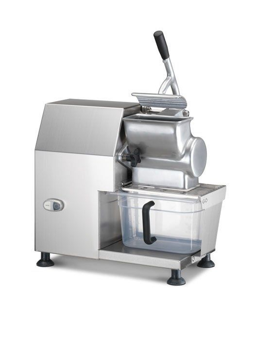 Gelatiera professionale in acciaio inox con vasca trasparente e manico nero su sfondo bianco.