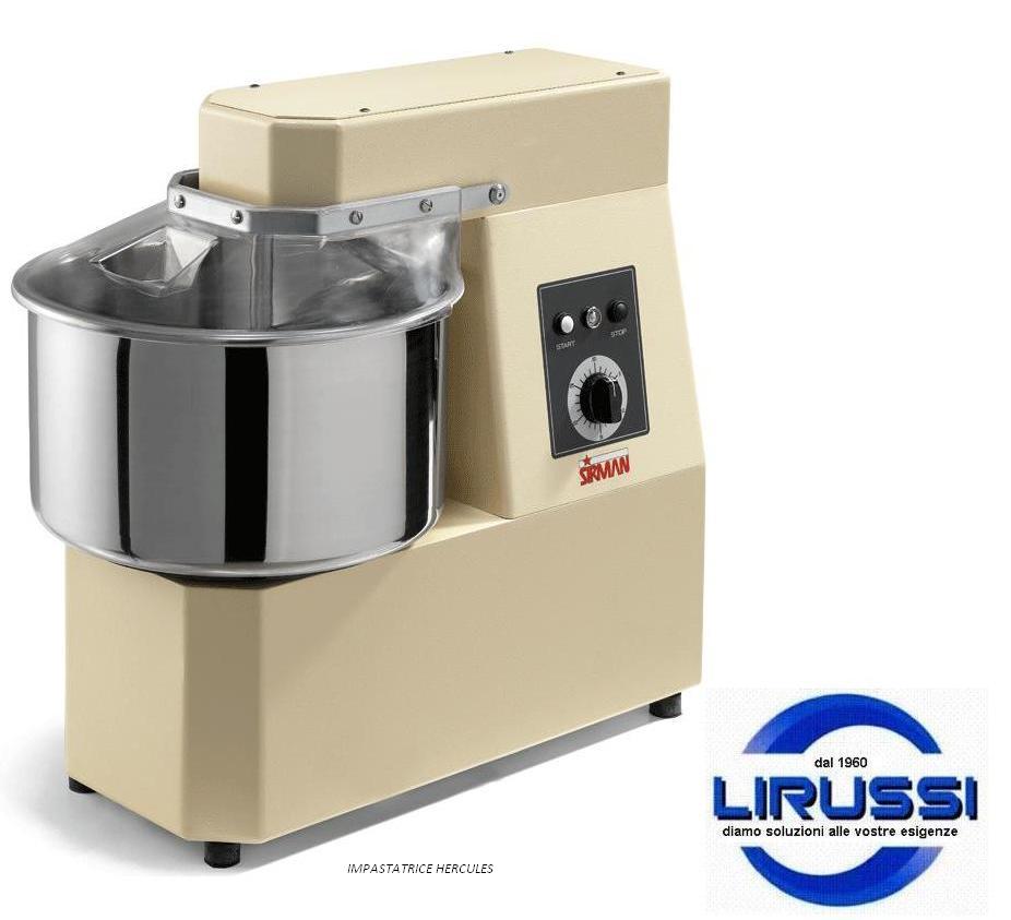 Impastatrice industriale beige con ciotola e pannello di controllo in acciaio inox, mostrata con il logo LIRUSSI.