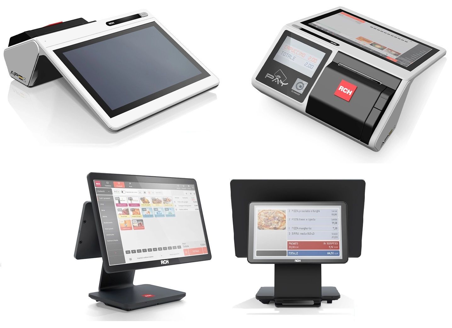 Quattro terminali POS e chioschi touchscreen, disponibili nei colori bianco, grigio e nero.