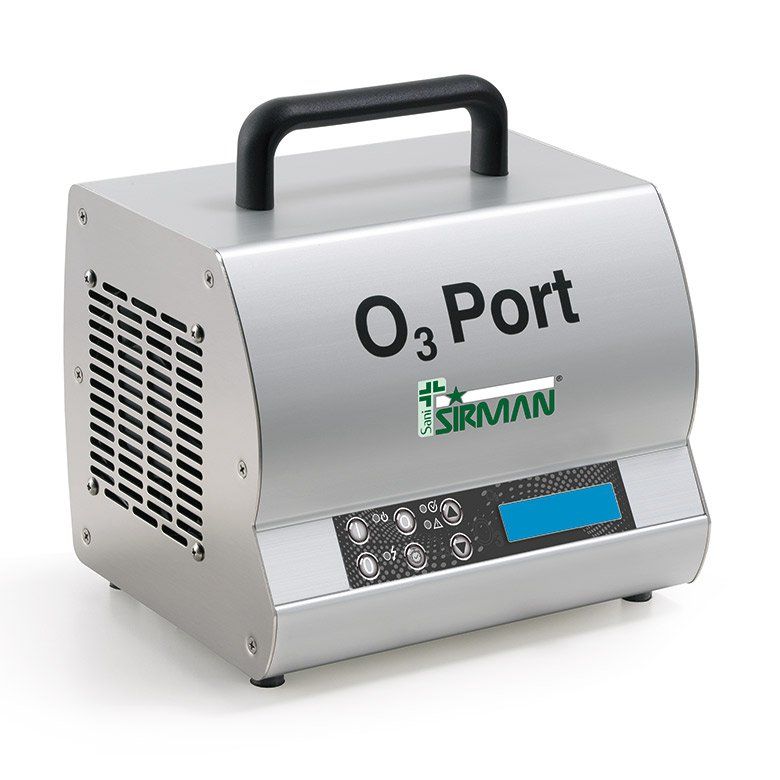 Distributore di gas O3 Port color argento con maniglia nera e prese d'aria laterali su sfondo bianco.
