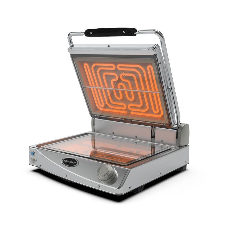 Piastra per panini da banco aperta con piastre riscaldanti arancioni e corpo in acciaio inox.
