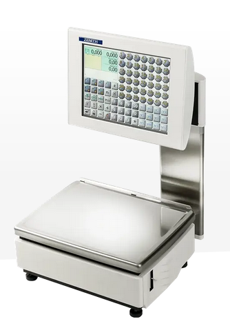 Bilancia digitale calcolatrice di prezzo con display e tastiera, piattaforma in acciaio inox su sfondo bianco