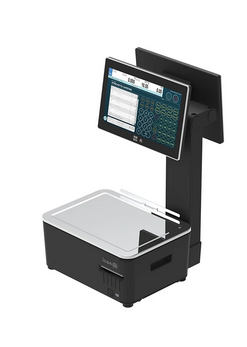 Chiosco touchscreen nero su supporto con vassoio in acrilico trasparente e display inclinato.
