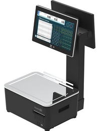 Chiosco self-service con display touchscreen e scanner su supporto nero e argento.