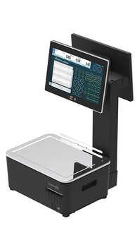 Registratore di cassa elettronico nero o terminale POS con schermo tattile e stampante per scontrini