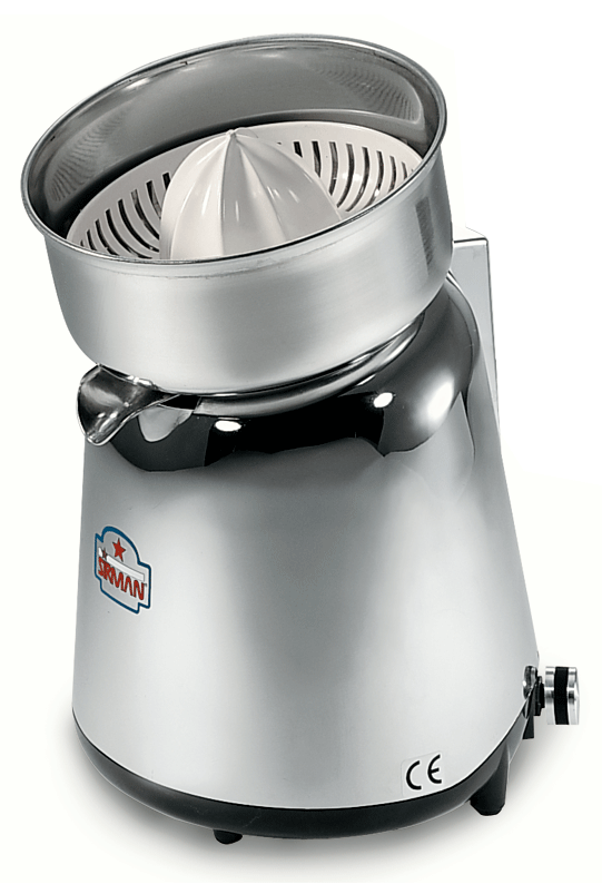 Spremiagrumi in acciaio inox con base nera e cono bianco, mostrato su sfondo neutro.