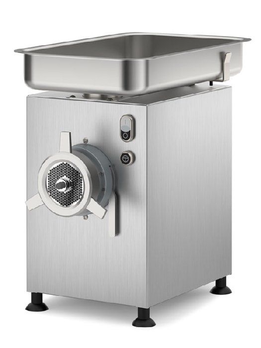 Tritacarne industriale in acciaio inox con tramoggia e pulsanti di controllo su sfondo bianco.