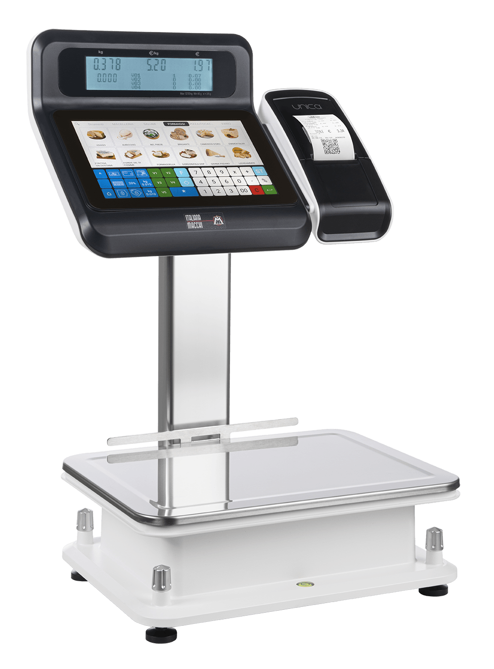 Bilancia digitale per la vendita al dettaglio con display touchscreen e scanner su piattaforma bianca
