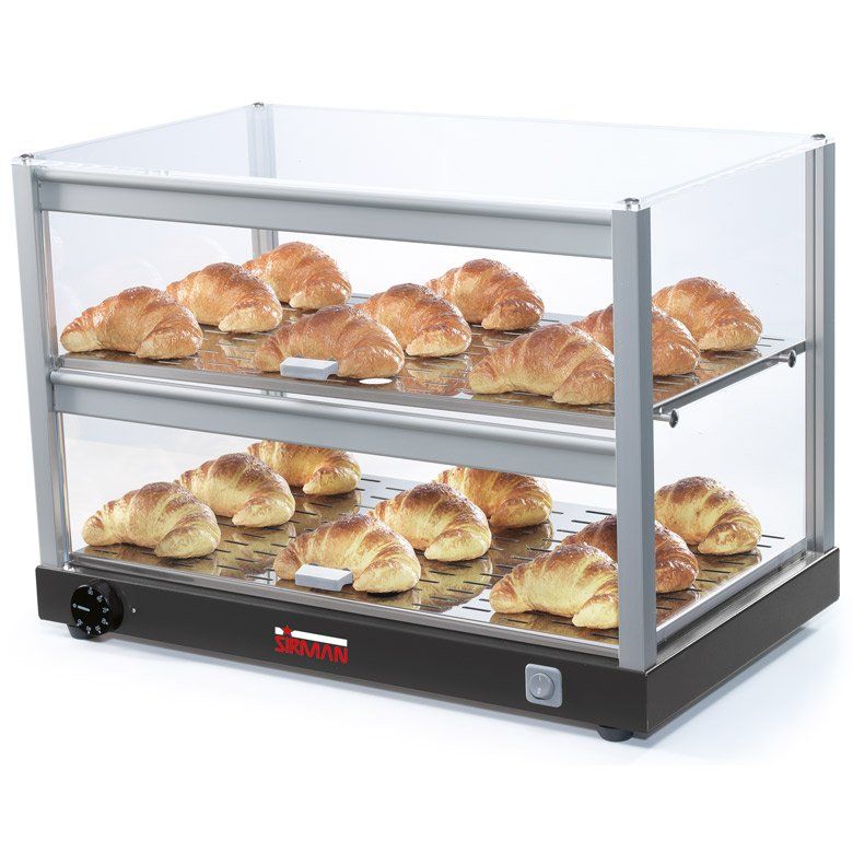 Vetrina trasparente per prodotti da forno con due ripiani per croissant e pasticcini