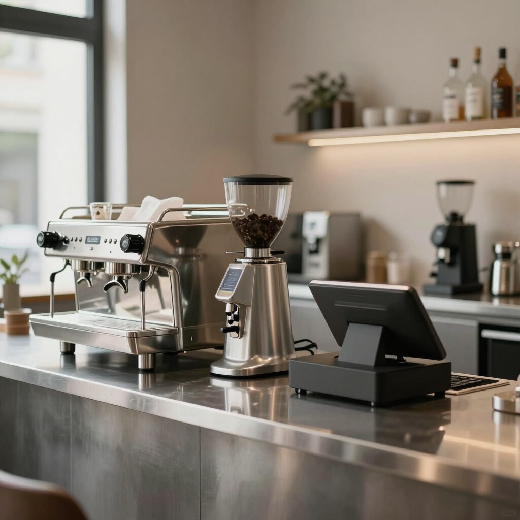 Bancone da bar moderno con macchina per caffè espresso, macinacaffè e terminale POS.