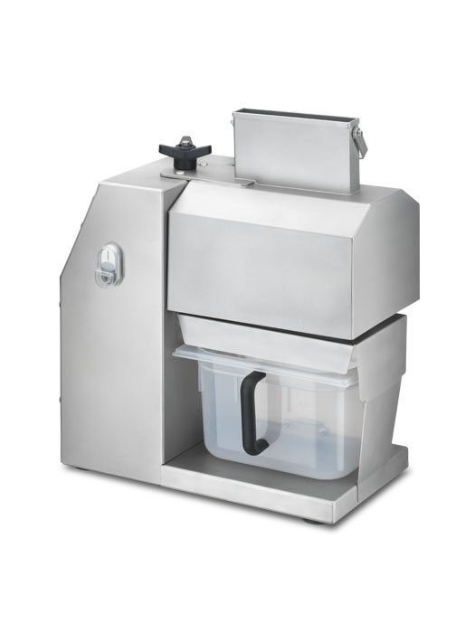 Macchina per il ghiaccio in acciaio inox con contenitore in plastica trasparente e maniglia frontale su sfondo bianco.