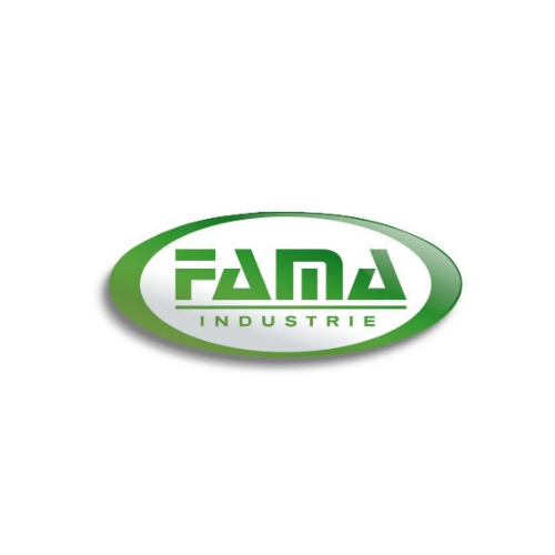 Logo FAMA Industrie di colore verde con contorno ovale su sfondo bianco.